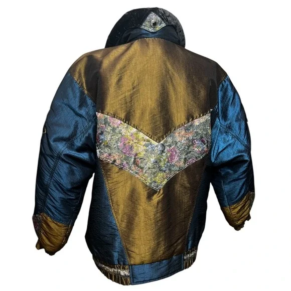 VTG 90's Braetan Patchwork Floral Ski Jacket SZ Large Metallic Turquoise Brown - Picture 3 of 12
